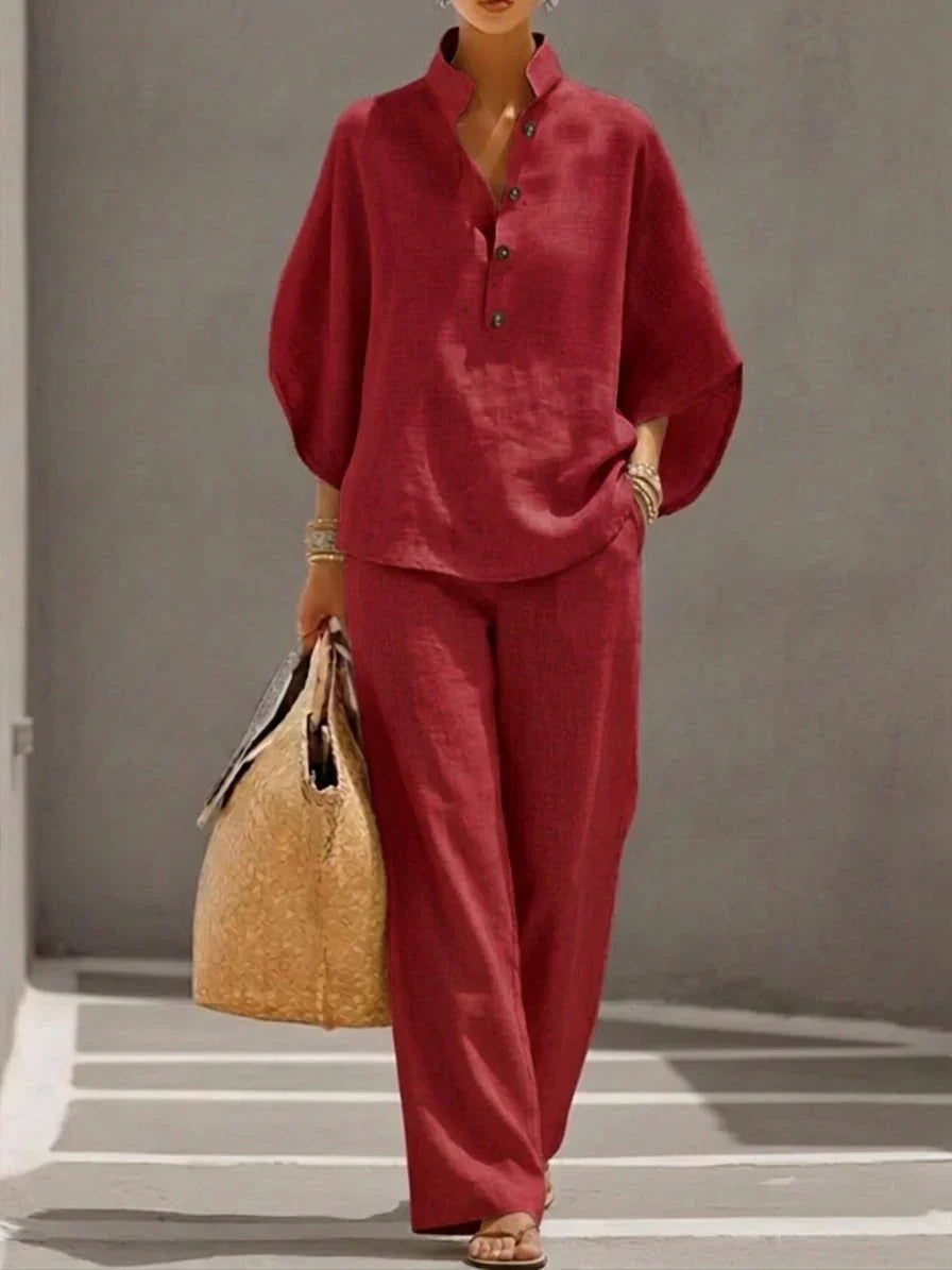 Sophie | Linen-Effect Batwing Sleeve & Wide-Leg Trousers Set