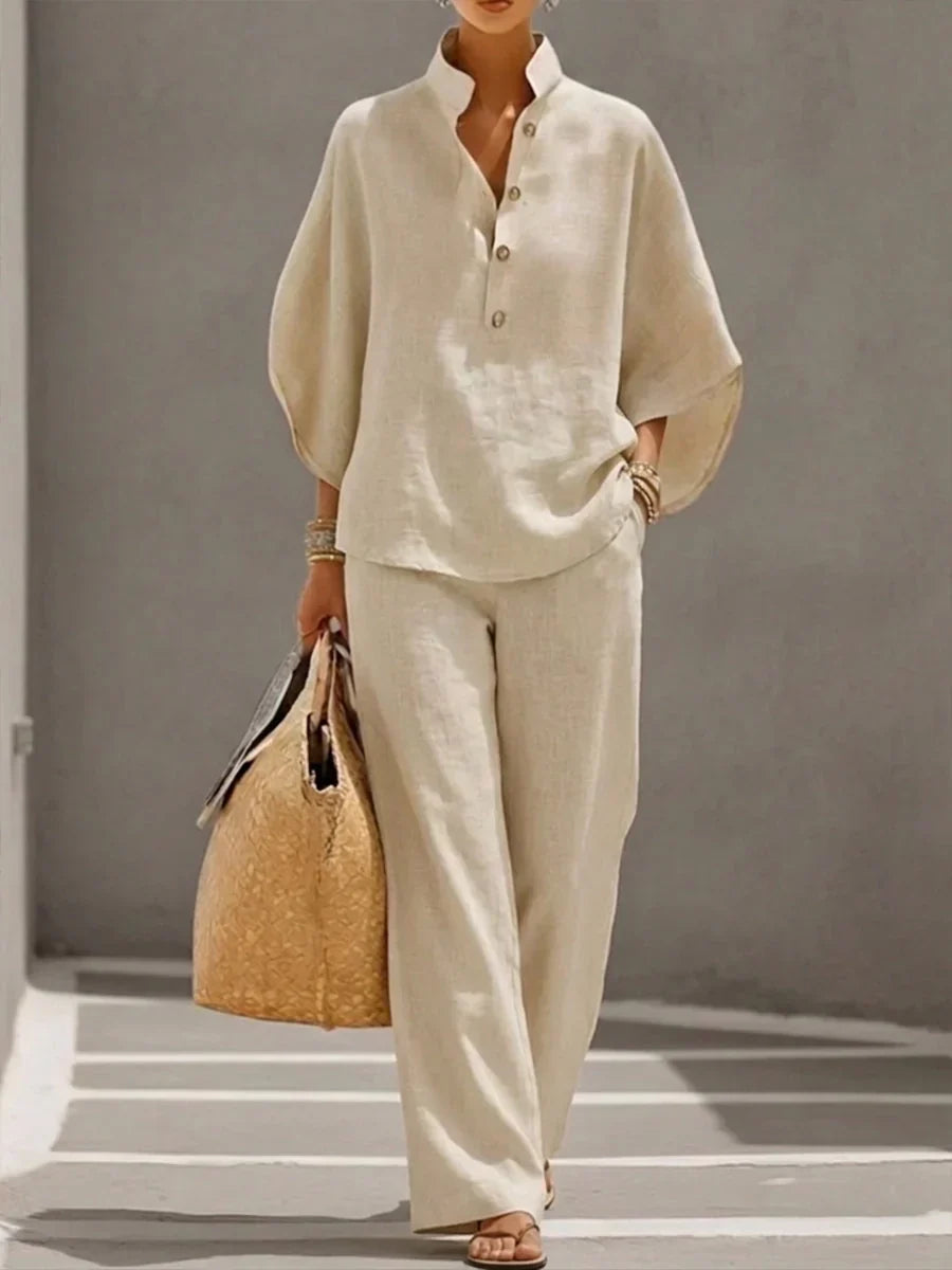 Sophie | Linen-Effect Batwing Sleeve & Wide-Leg Trousers Set