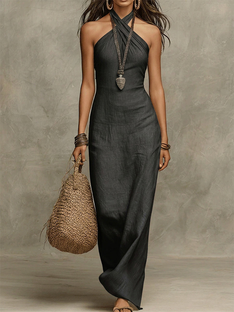 Avelina™ – Voluminous Cotton & Linen Halter Maxi Dress