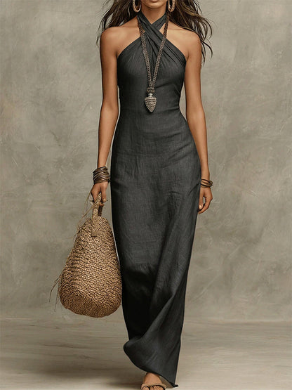 Avelina™ – Voluminous Cotton & Linen Halter Maxi Dress