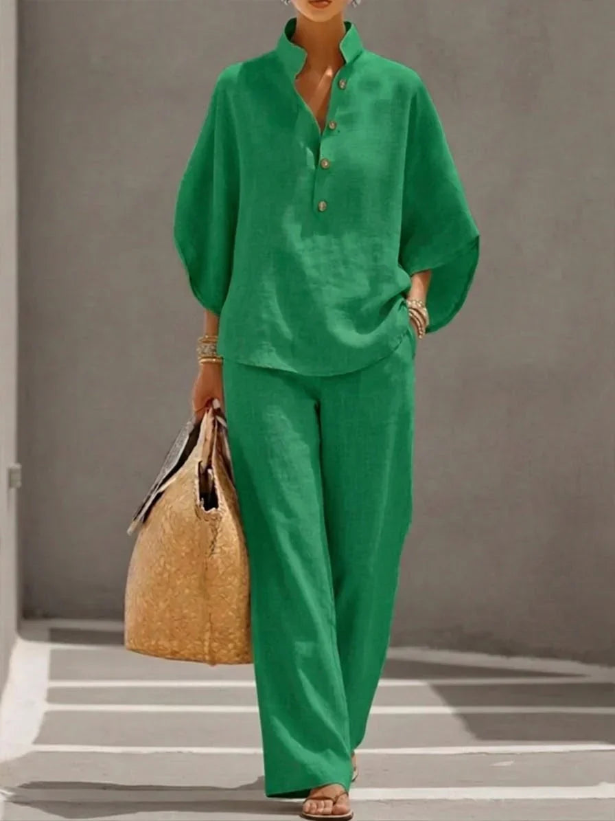 Sophie | Linen-Effect Batwing Sleeve & Wide-Leg Trousers Set