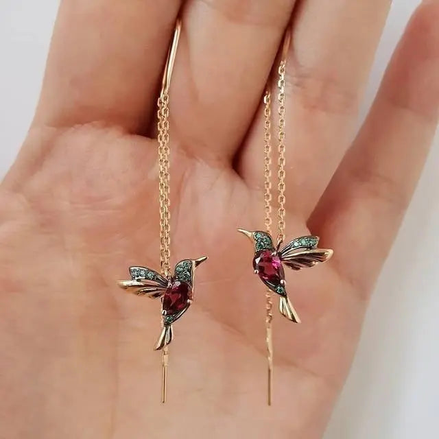 Gold and Crystal Hummingbird Threader Earrings