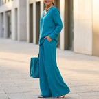 Lunea Mode® | Women's V-Neck Lounge Set with Wide-Leg Pants
