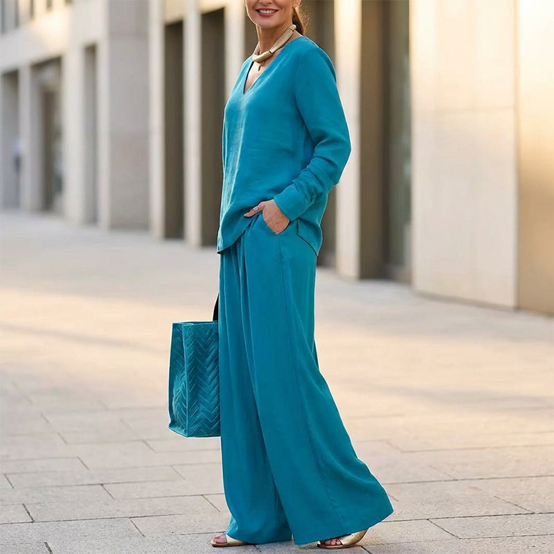 Lunea Mode® | Women's V-Neck Lounge Set with Wide-Leg Pants