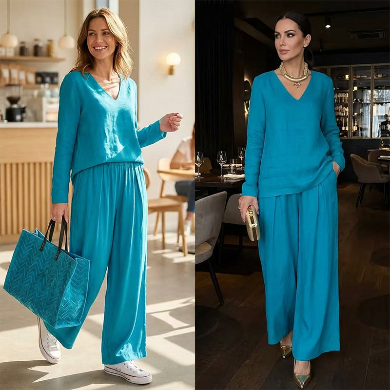 Lunea Mode® | Women's V-Neck Lounge Set with Wide-Leg Pants