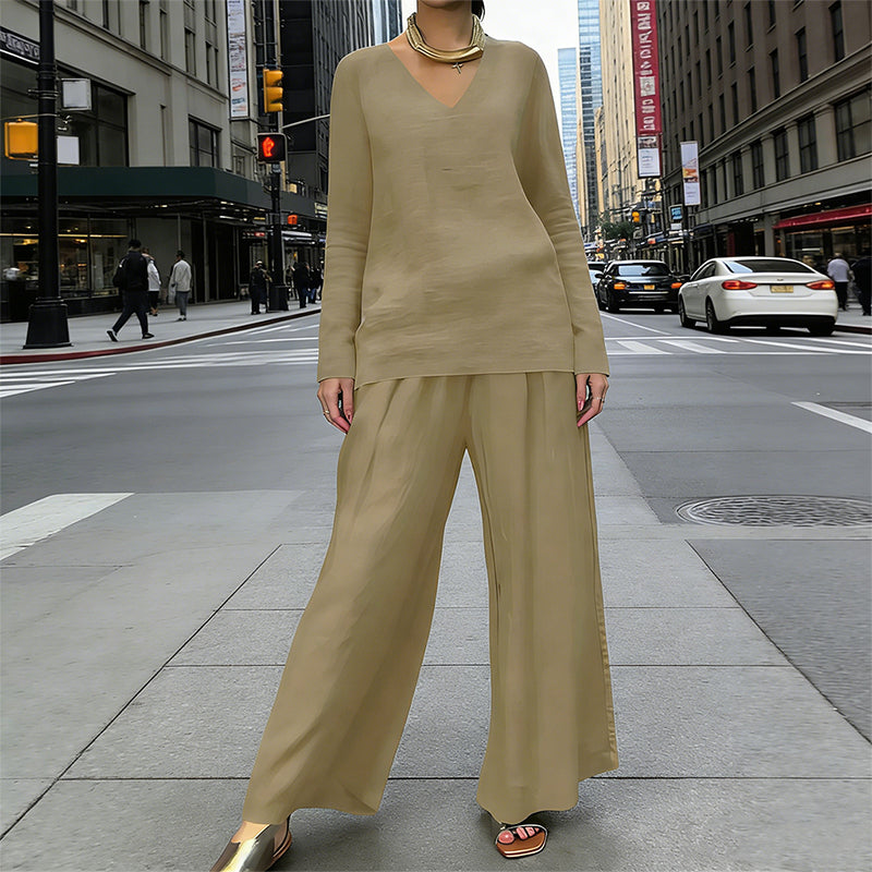Lunea Mode® | Women's V-Neck Lounge Set with Wide-Leg Pants
