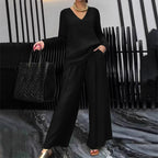 Lunea Mode® | Women's V-Neck Lounge Set with Wide-Leg Pants