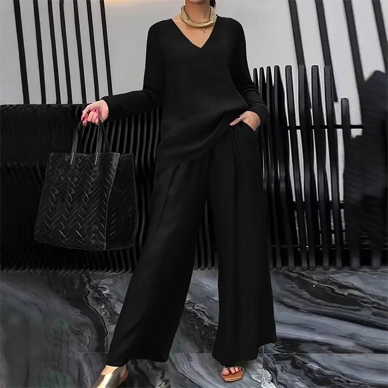 Lunea Mode® | Women's V-Neck Lounge Set with Wide-Leg Pants