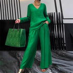 Lunea Mode® | Women's V-Neck Lounge Set with Wide-Leg Pants