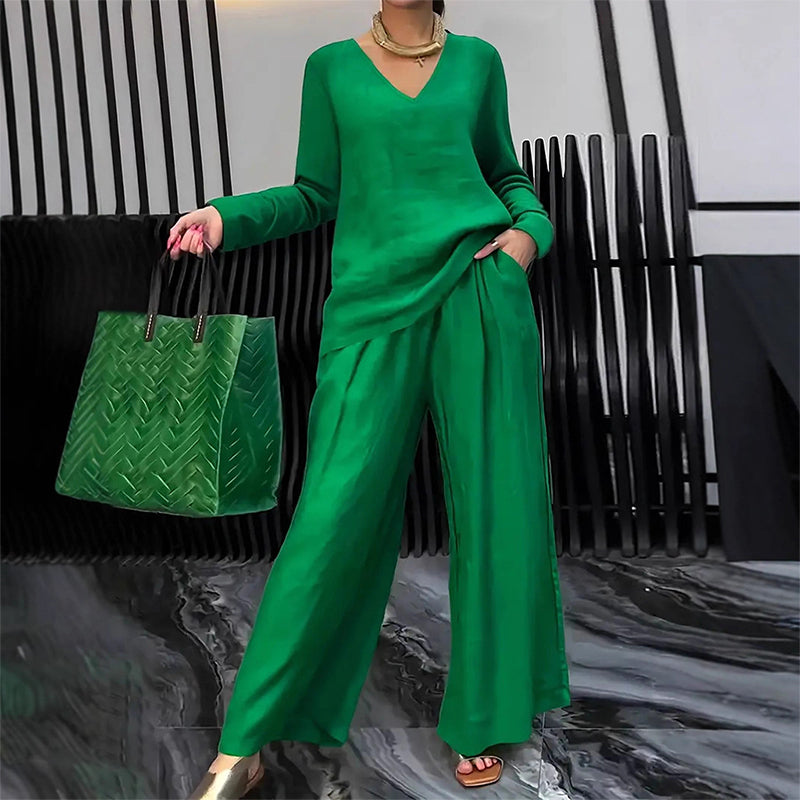 Lunea Mode® | Women's V-Neck Lounge Set with Wide-Leg Pants