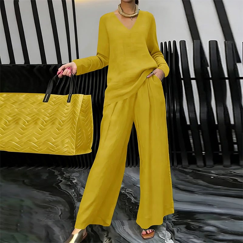 Lunea Mode® | Women's V-Neck Lounge Set with Wide-Leg Pants