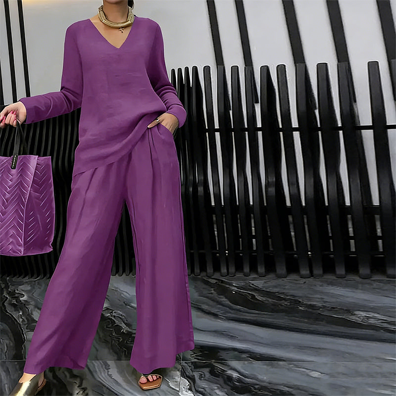 Lunea Mode® | Women's V-Neck Lounge Set with Wide-Leg Pants