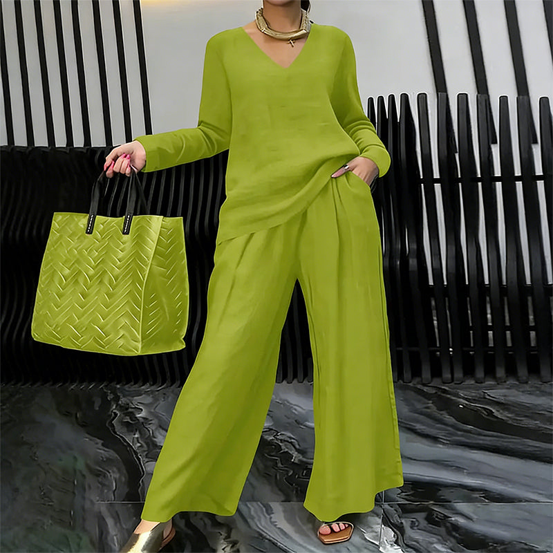 Lunea Mode® | Women's V-Neck Lounge Set with Wide-Leg Pants